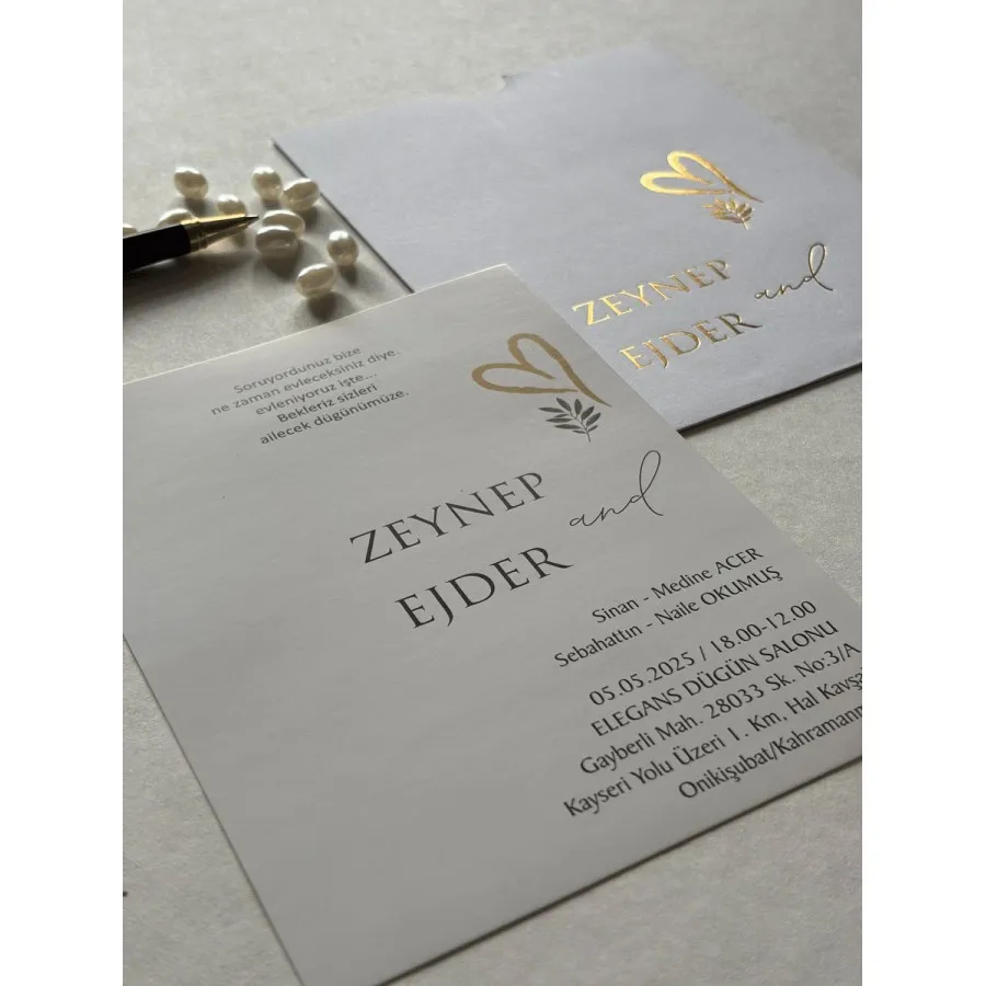 Dikdörtgen Beyaz Zarf Gold Yaldızlı Davetiye 100
